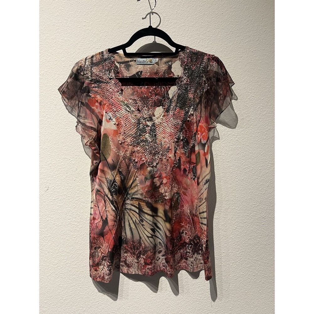 Unity World Women's Moody Fairy Grunge Size M Floral Cap Sleeve Rhinestone Y2K‎